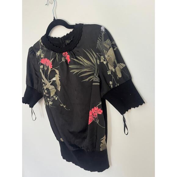 Ted Baker Floral Puff Sleeve Blouse Women Size 1 Black Red Tropical Top - Picture 5 of 7